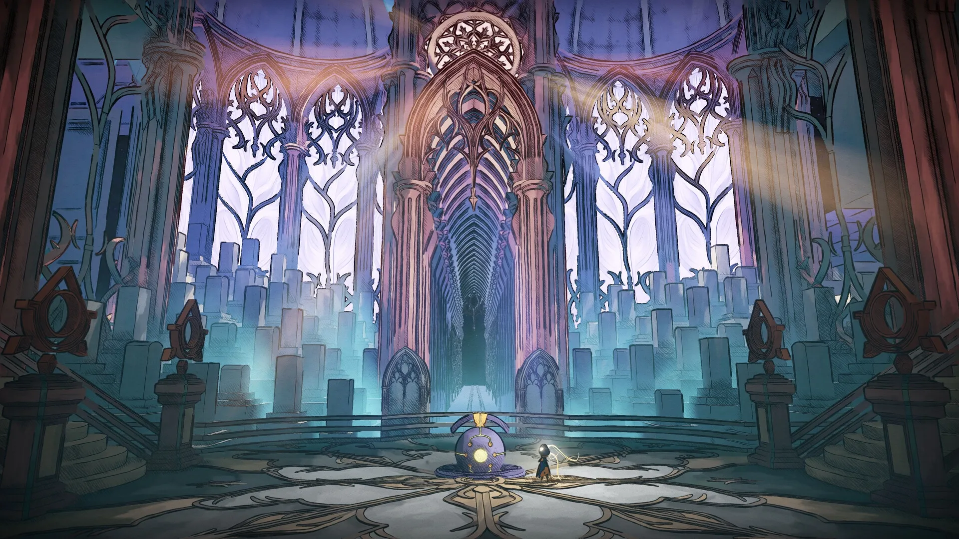MIO: MIO stands in an ornate cathedral-like hall with towering arches and intricate window designs.