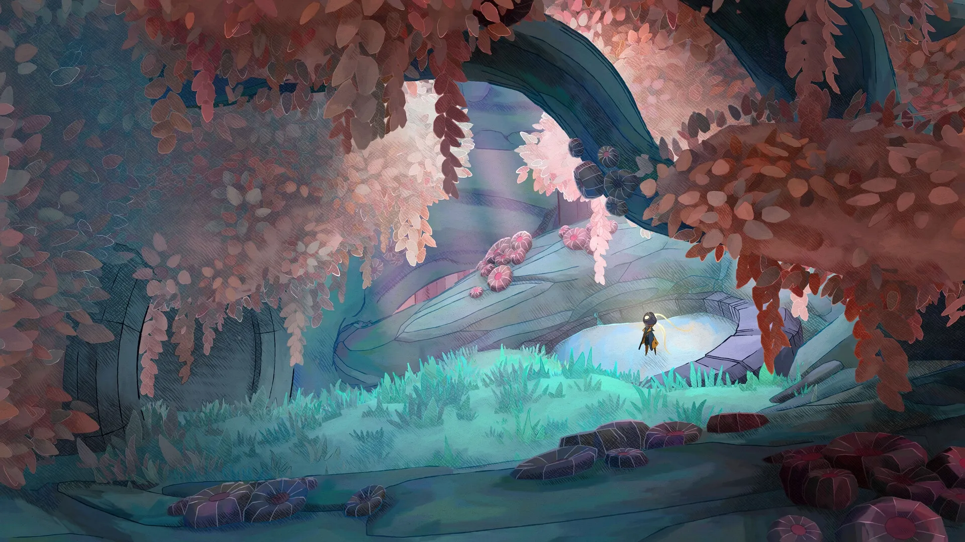 MIO: Exploring lush, overgrown forest area inside the Vessel, surrounded by vibrant foliage and light.