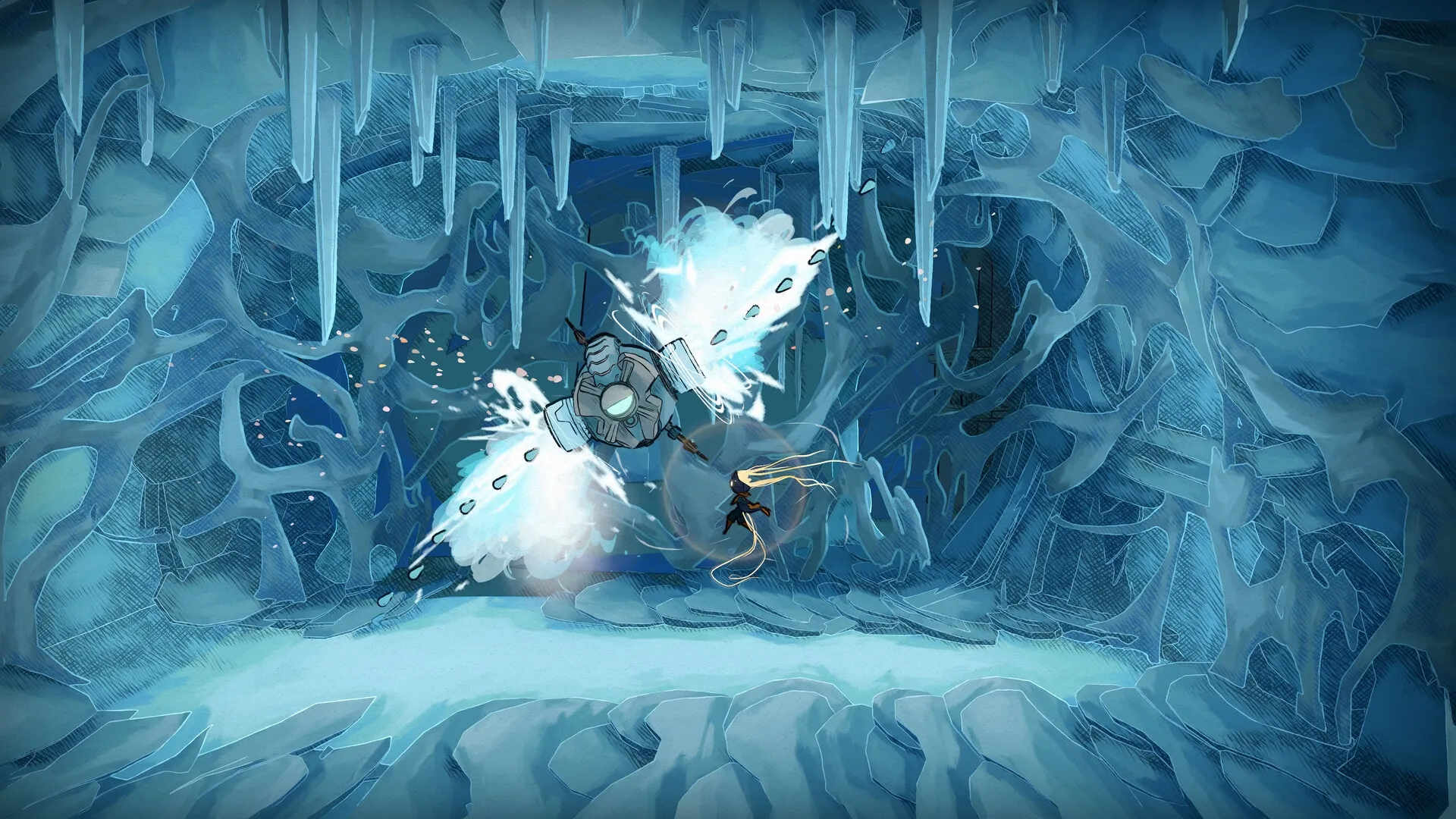 MIO: Combat with a rogue machine in an icy cavern of the Vessel, surrounded by jagged ice formations.