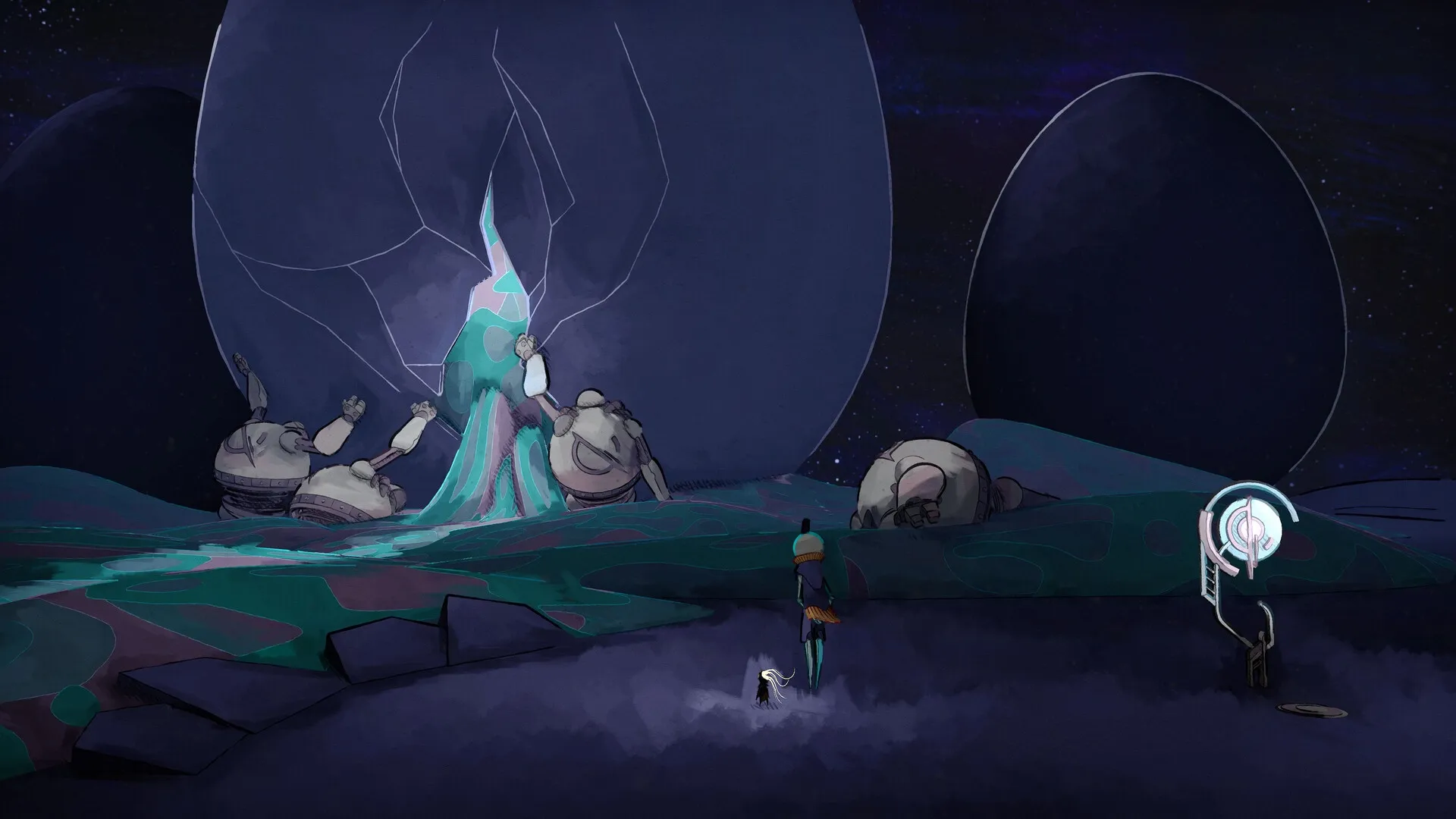 MIO: MIO and a companion approach large, egg-like structures in a dark, mysterious environment.