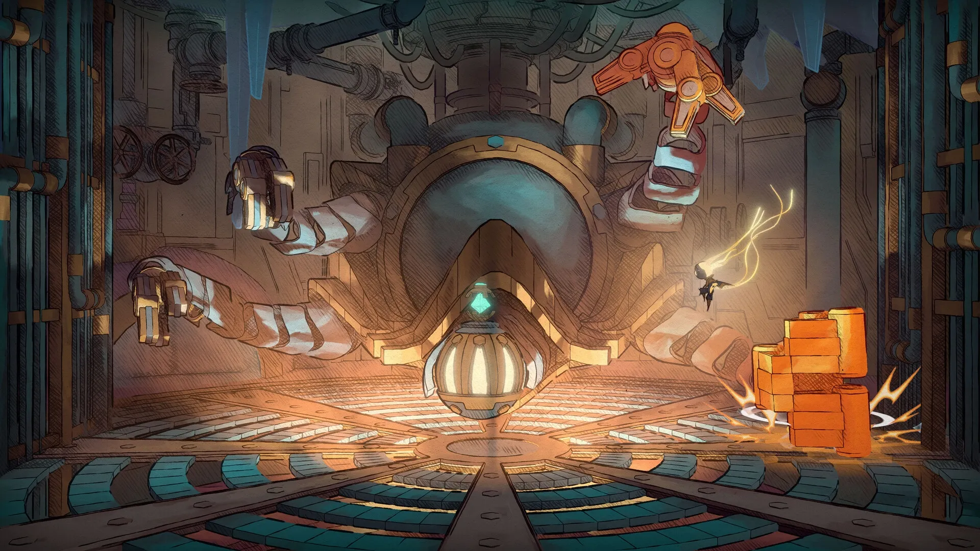 MIO: Android MIO battles giant mechanical creature in a complex, industrial environment
