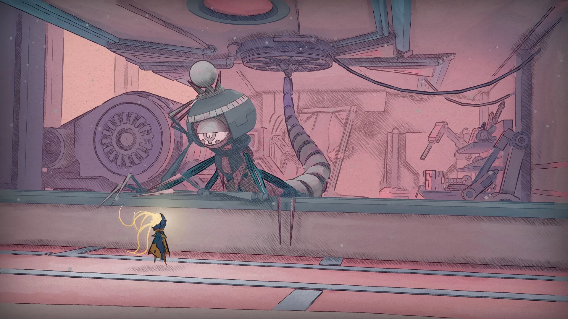 MIO: MIO confronts a large mechanical creature in a pink-hued, industrial room filled with machinery.