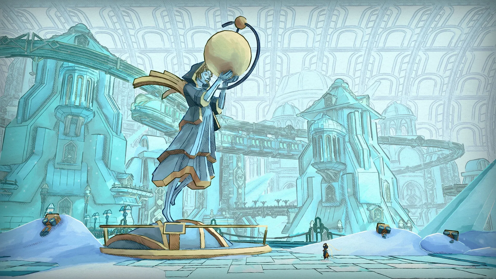 MIO: Exploring snowy courtyard with giant statue and futuristic architecture in the Vessel