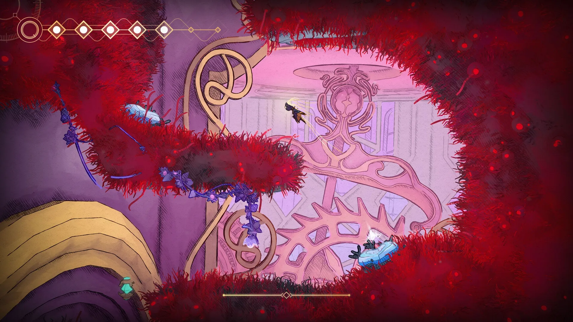 MIO: MIO jumps across platforms overgrown with red foliage inside the Vessel's intricate, alien machinery.