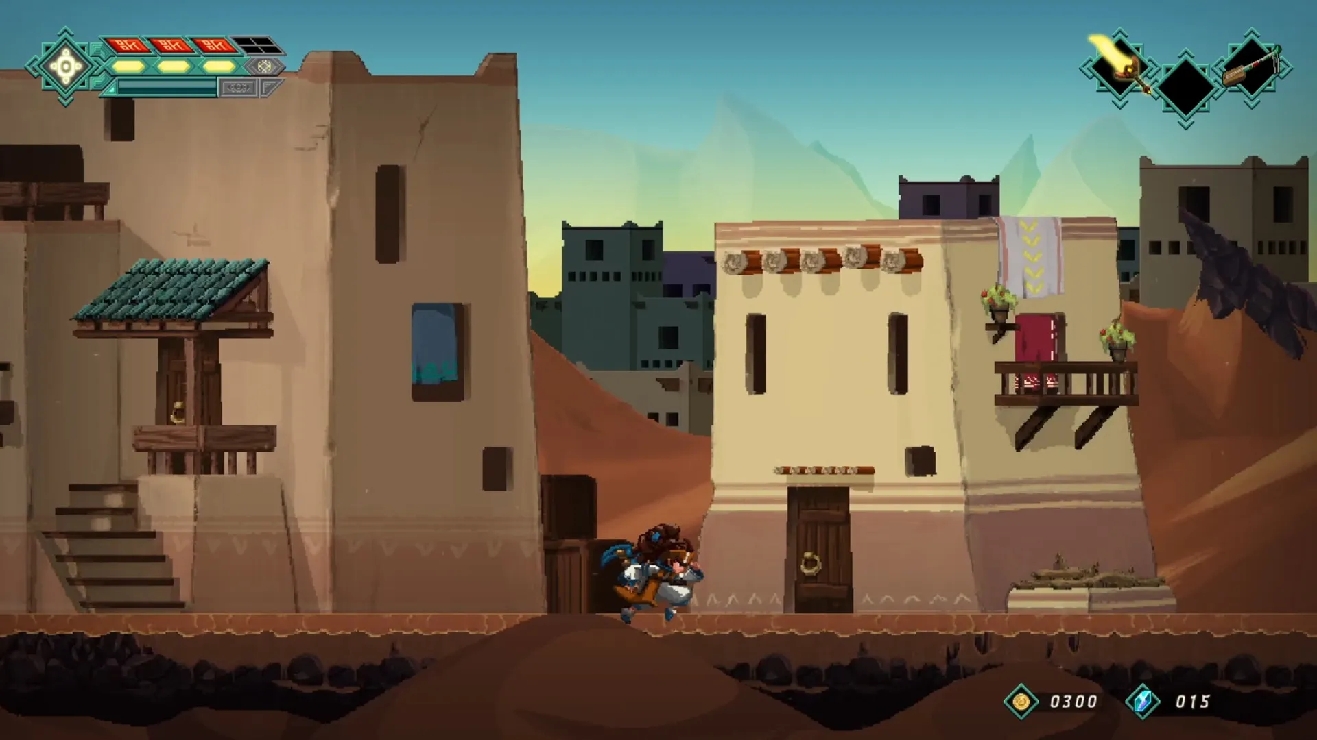 Mira and the Legend of the Djinns: Mira running through a desert village with health bar displayed