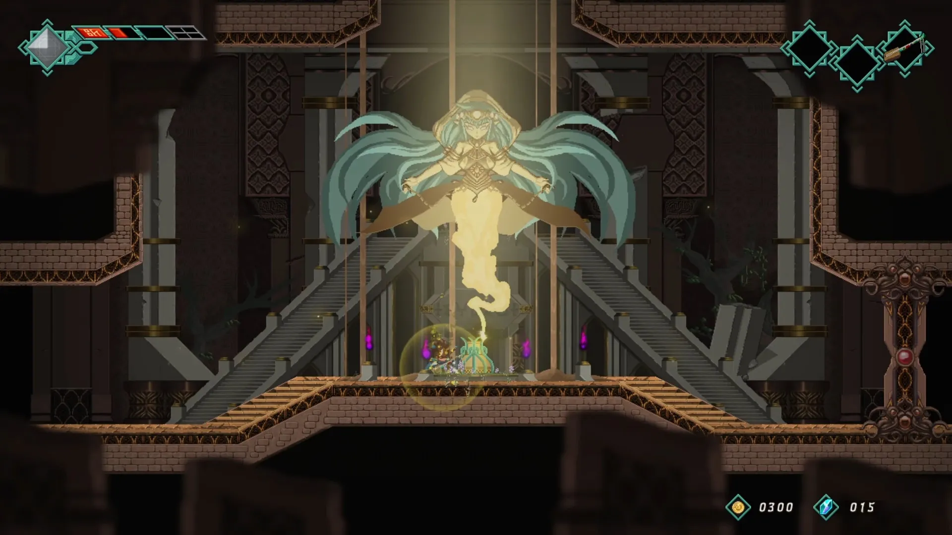 Mira and the Legend of the Djinns: Djinn encounter in ancient temple with glowing staircase and UI elements.