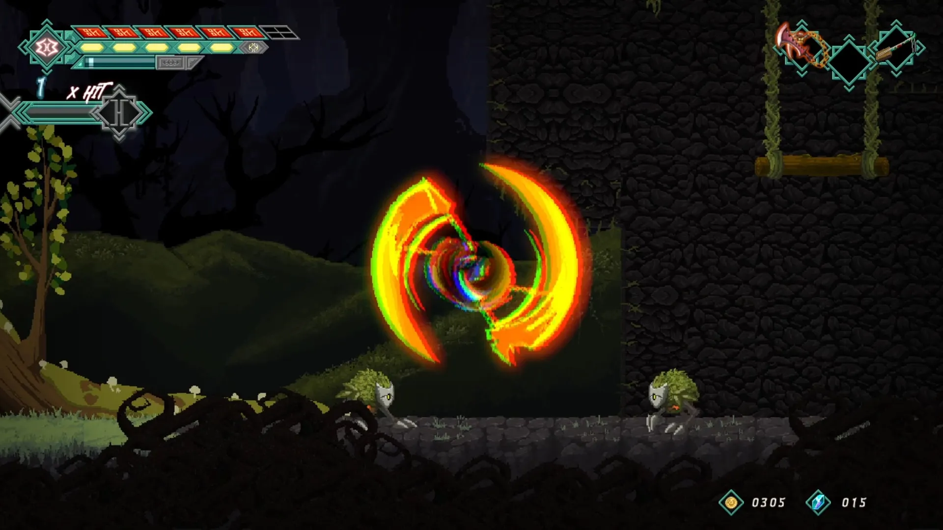 Mira and the Legend of the Djinns: Player uses vibrant energy attack on enemies in dark forest setting