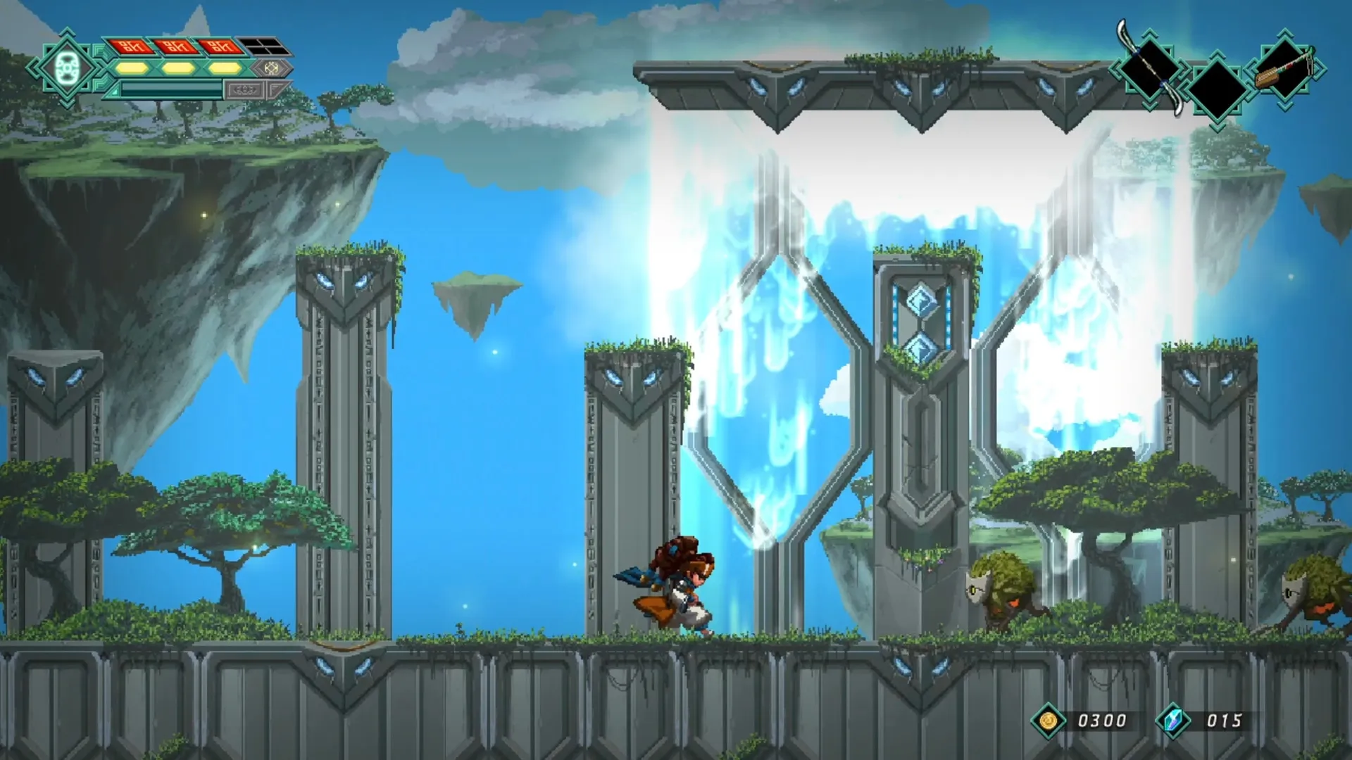 Mira and the Legend of the Djinns: Mira navigating ancient ruins with floating islands in the background.