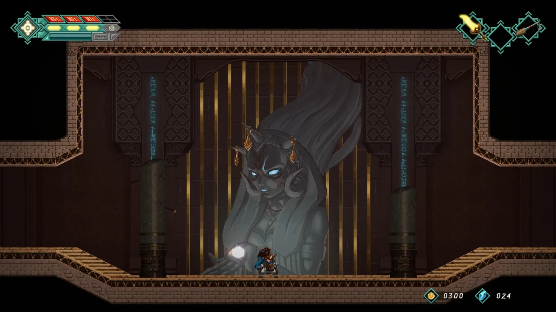 Mira and the Legend of the Djinns: Mira stands before a giant mystical statue in an ancient temple.