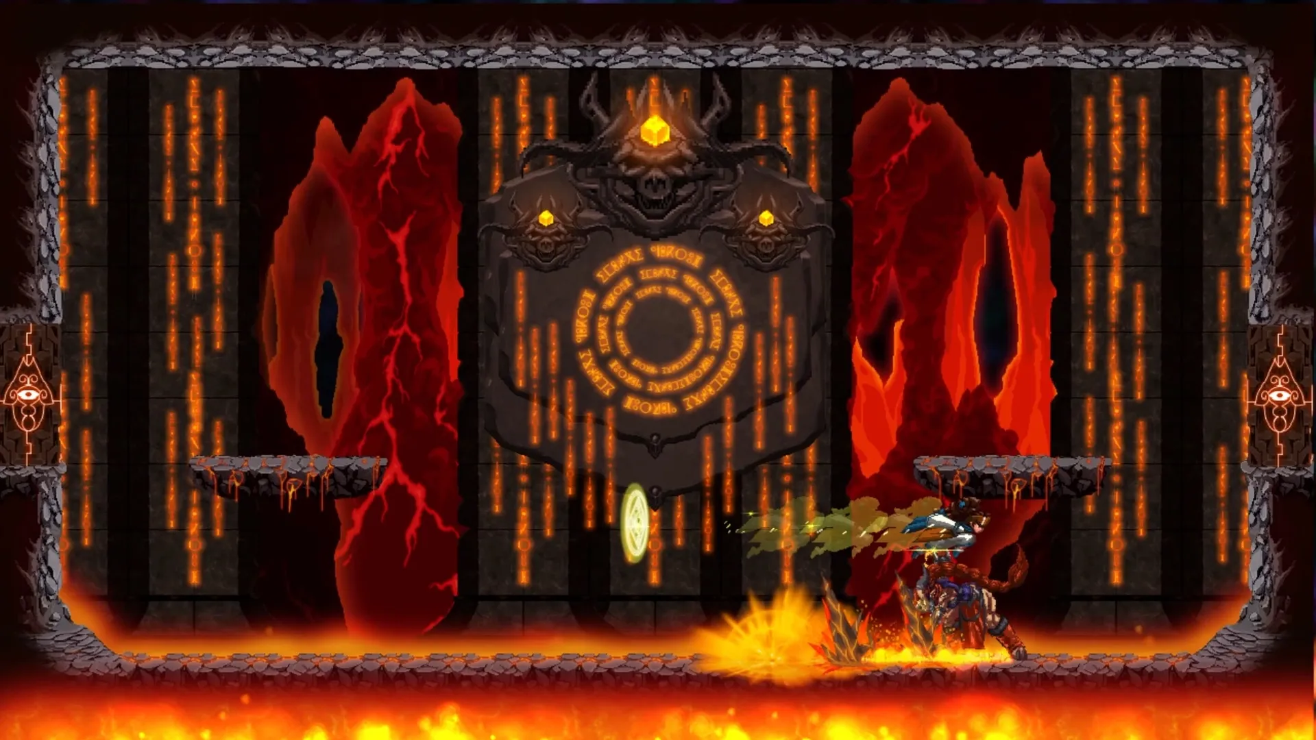 Mira and the Legend of the Djinns: Intense battle against fire creature in a fiery cavern environment