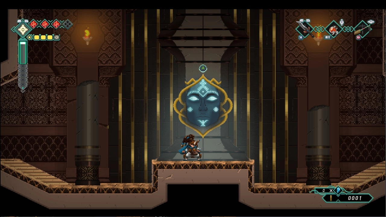 Mira and the Legend of the Djinns: Mira stands before a glowing face mural in an ornate, shadowy temple.