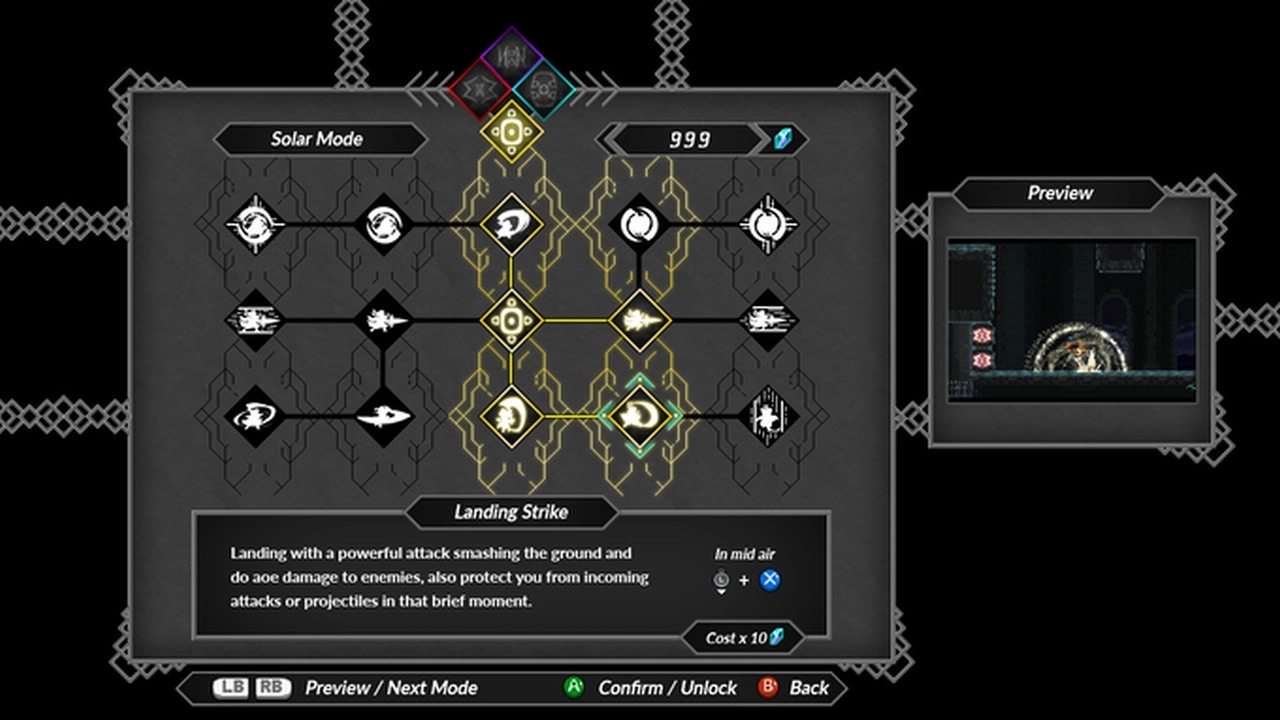 Mira and the Legend of the Djinns: Skill tree with "Landing Strike" details and preview window on screen