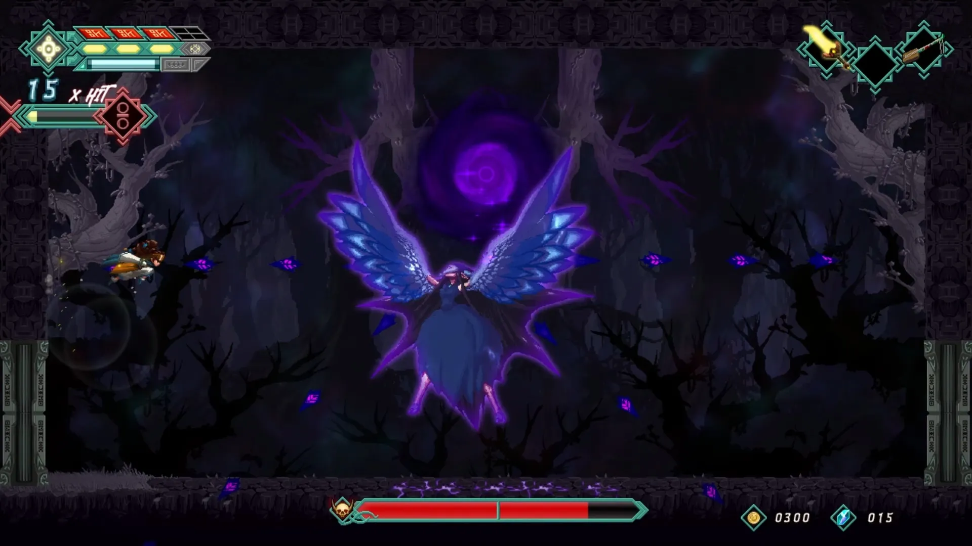 Mira and the Legend of the Djinns: Mira battles a spectral winged creature in a dark, eerie forest setting.