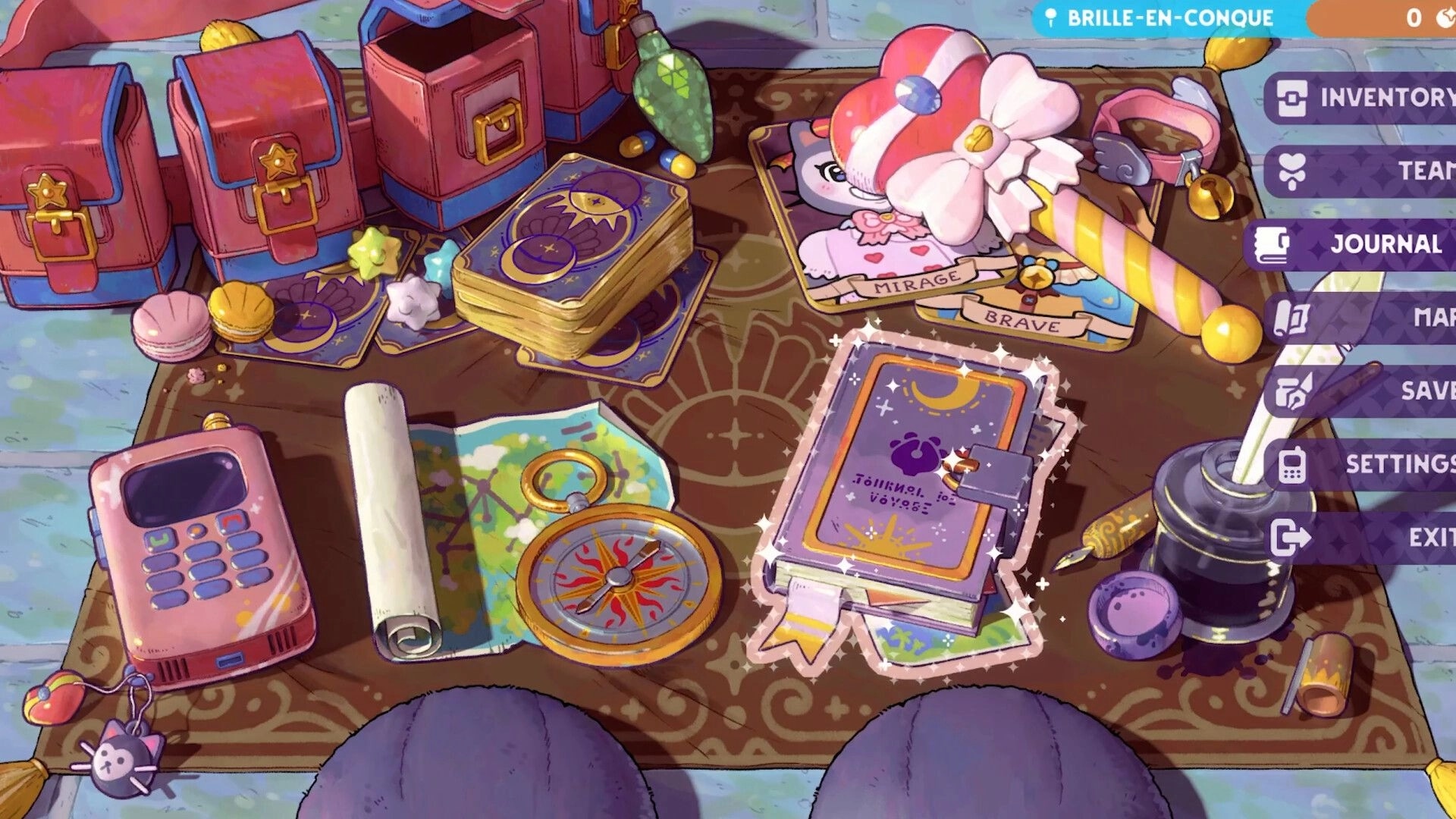 Mirage Miracle Quest: Inventory table with magical items, journal, and settings menu on the right.