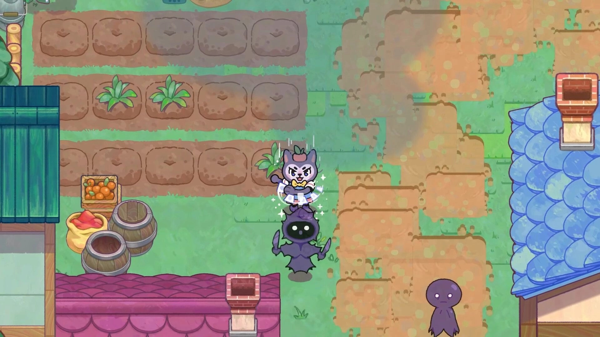 Mirage Miracle Quest: Mirage performs a magical attack on an enemy in a colorful village setting.