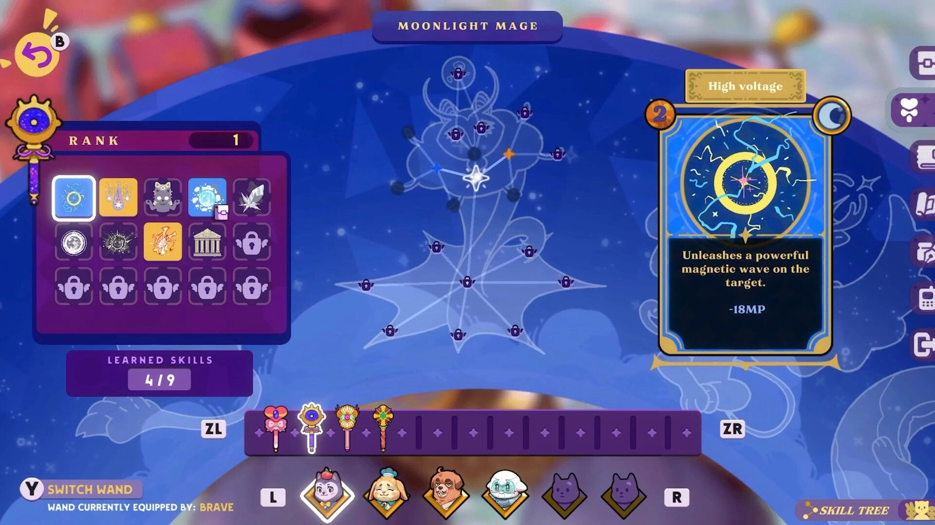 Mirage Miracle Quest: Skill tree interface for Moonlight Mage with abilities and character icons visible