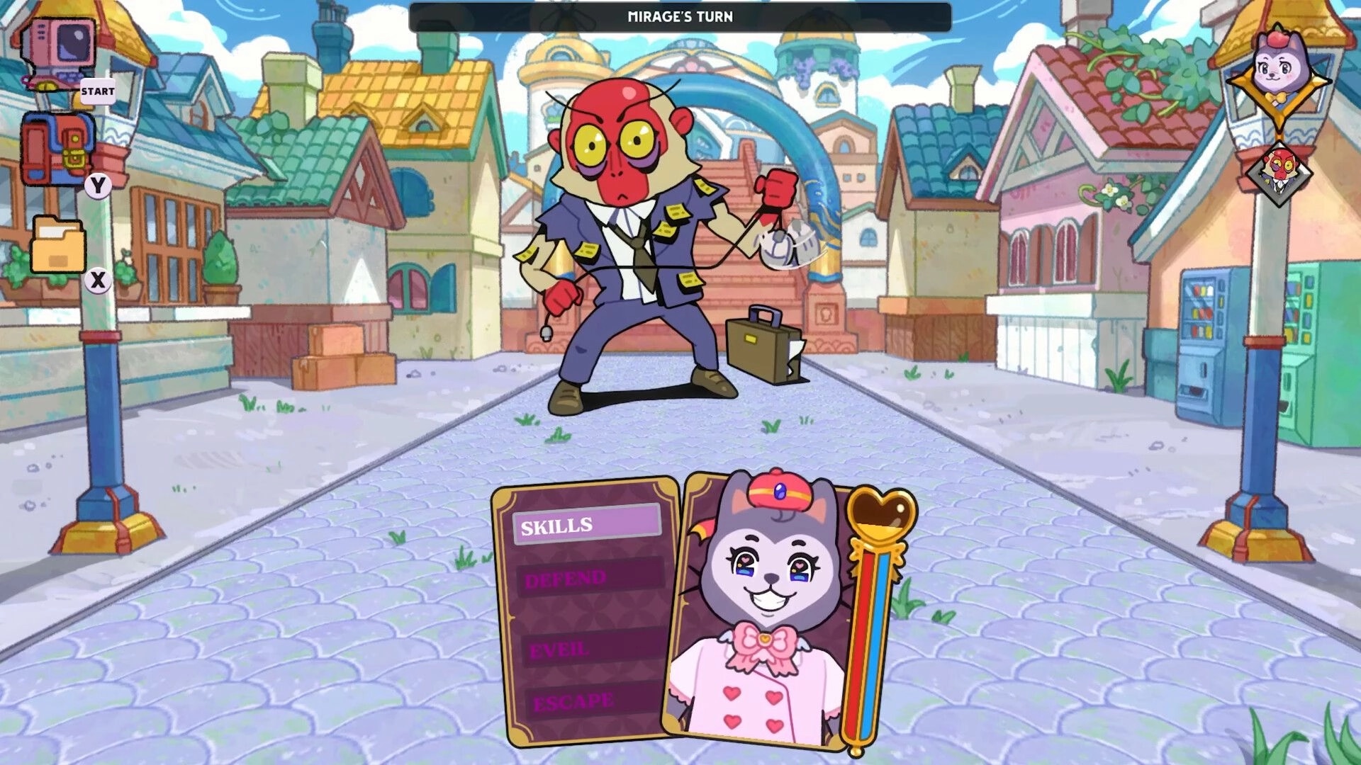 Mirage Miracle Quest: Battle with red-suited enemy in colorful town, character menu with skills visible