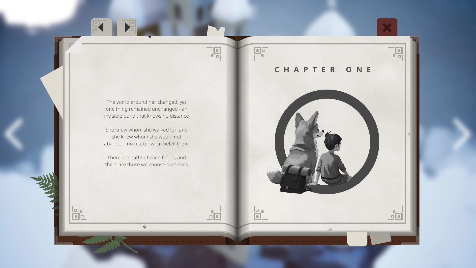 Mirealle: Open storybook UI on Chapter One page with girl and dog illustration on pale sky backdrop.