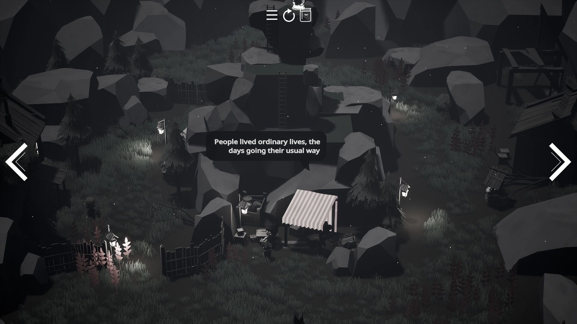 Mirealle: Story text overlay above a small market stall among rocky, lantern-lit forest paths at night.