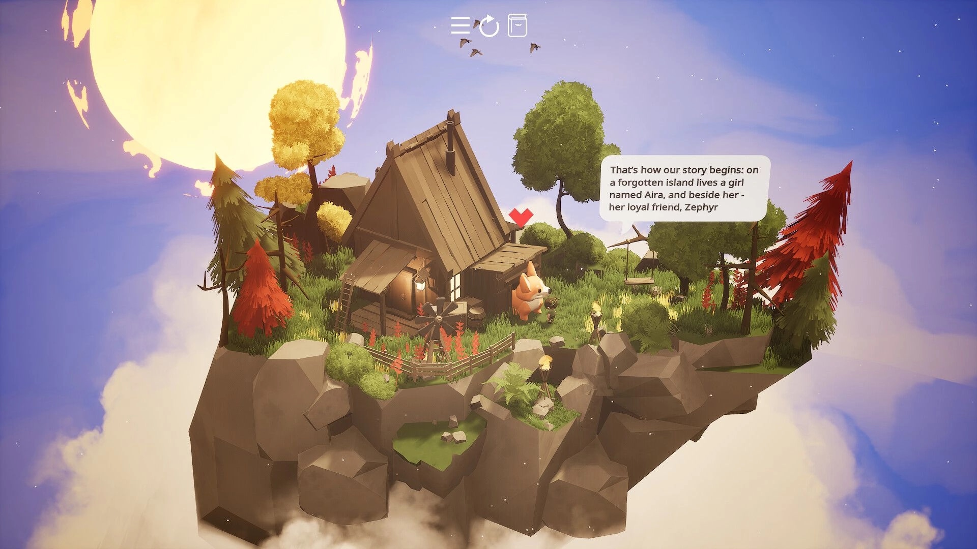 Mirealle: Story dialogue over Aira and fox companion by a cottage on a floating island at sunset.