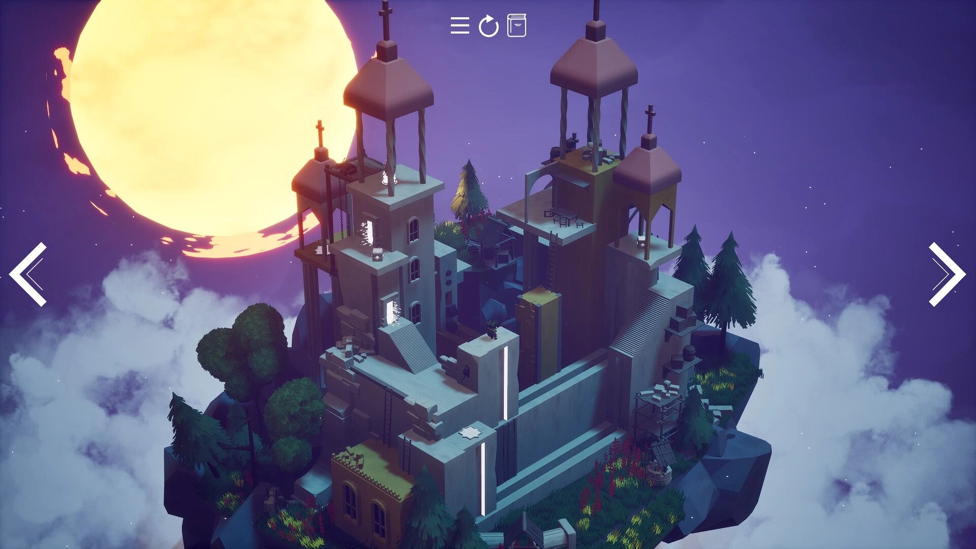 Mirealle: Floating island ruin with tall towers and ladders under huge moon, menu icons above.