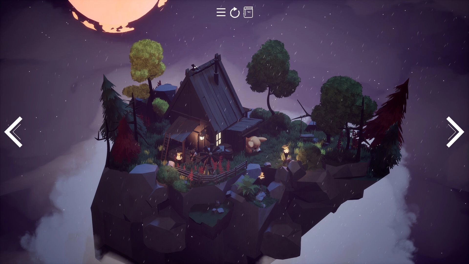 Mirealle: Cozy cabin on a floating island with torchlit path and menu icons under rainy night sky.