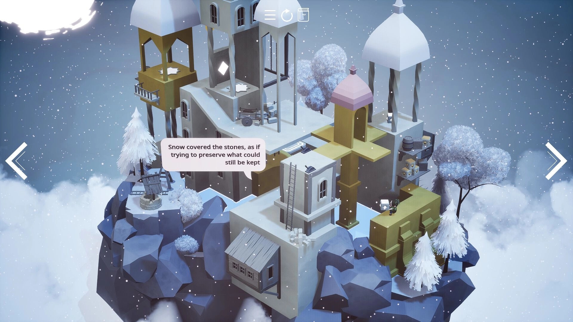 Mirealle: Player stands by a speech bubble in snowy cliffside ruins with ladders and tower UI icons.