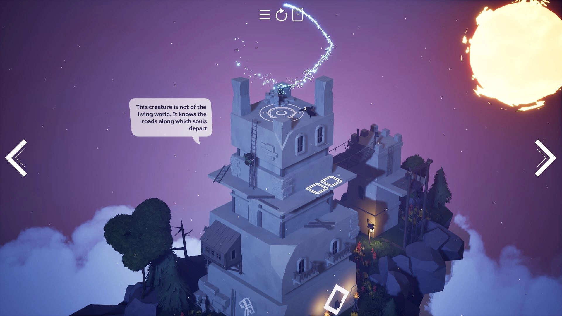 Mirealle: Dialogue bubble over glowing rune tower puzzle on a floating island under starry sky.