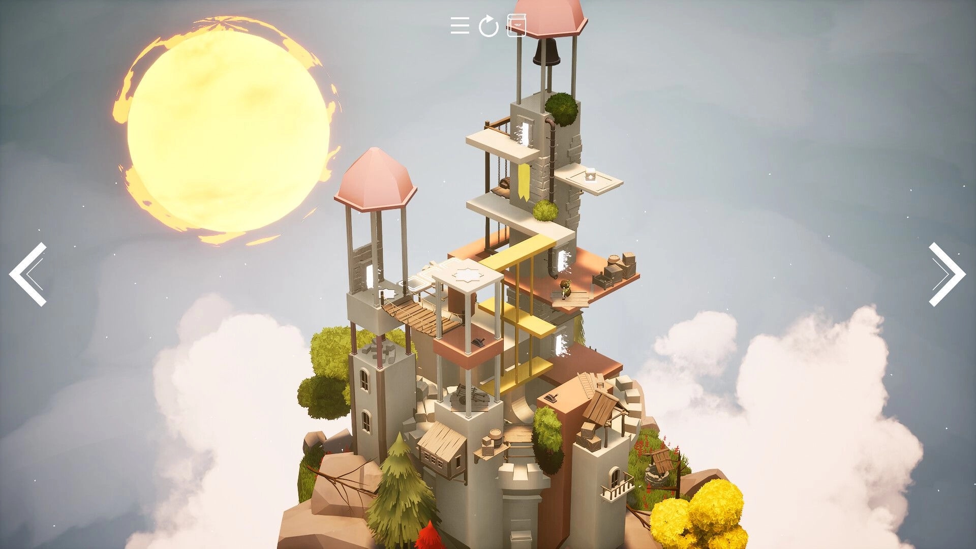 Mirealle: Tiny character stands on stacked tower platforms with menu icons, floating above clouds at sunset.