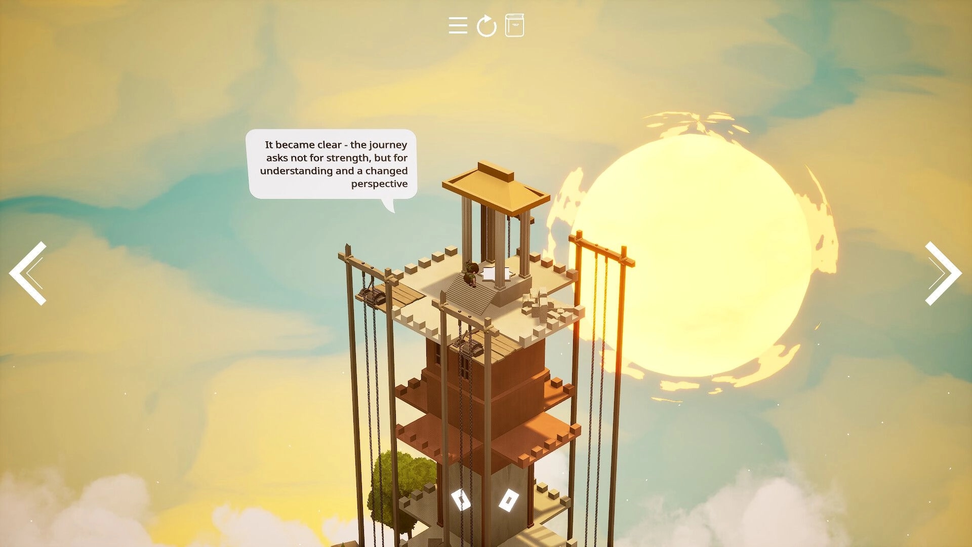 Mirealle: Character stands atop a tiered tower with ropes and pulleys, dialogue bubble at sunset sky.