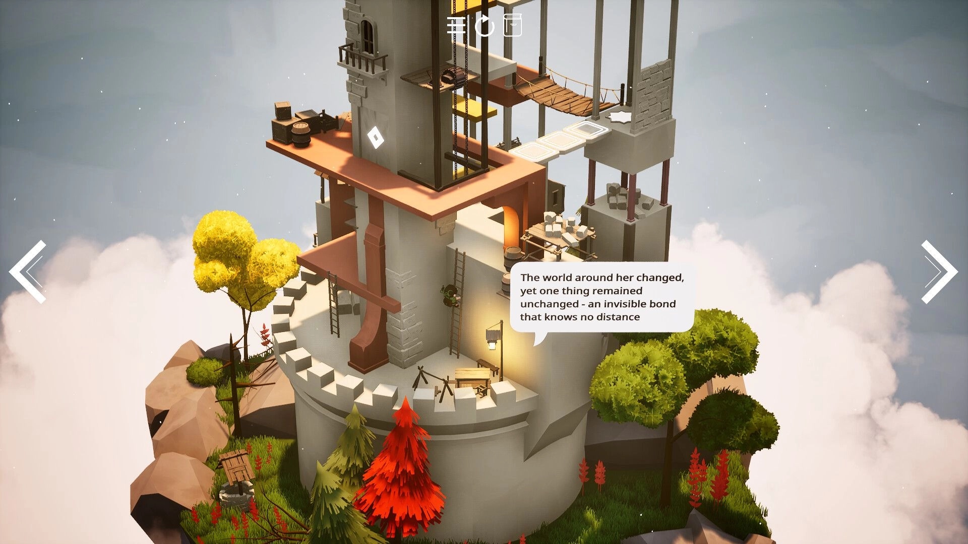 Mirealle: Speech bubble narrative over tower ruins with ladders and bridges on a floating island in clouds.