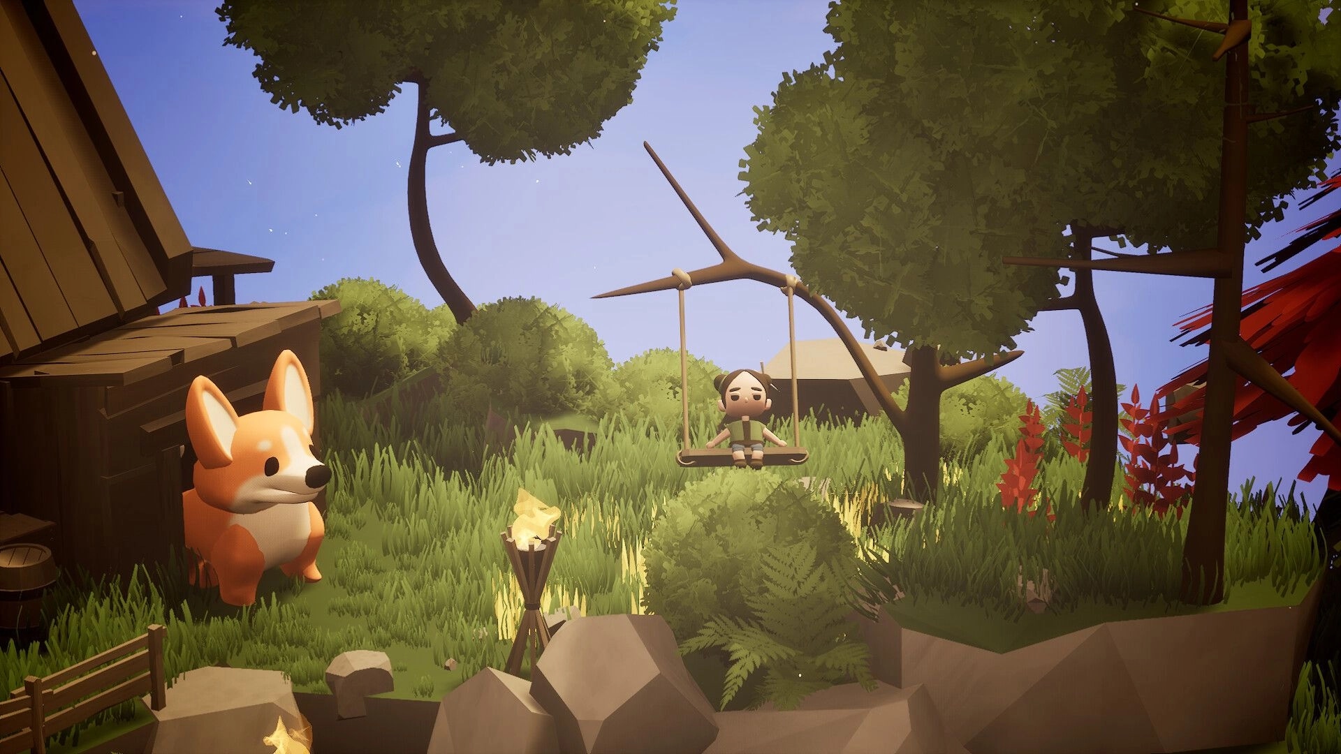 Mirealle: Child sitting on a rope swing beside a corgi near a wooden hut in a grassy grove.