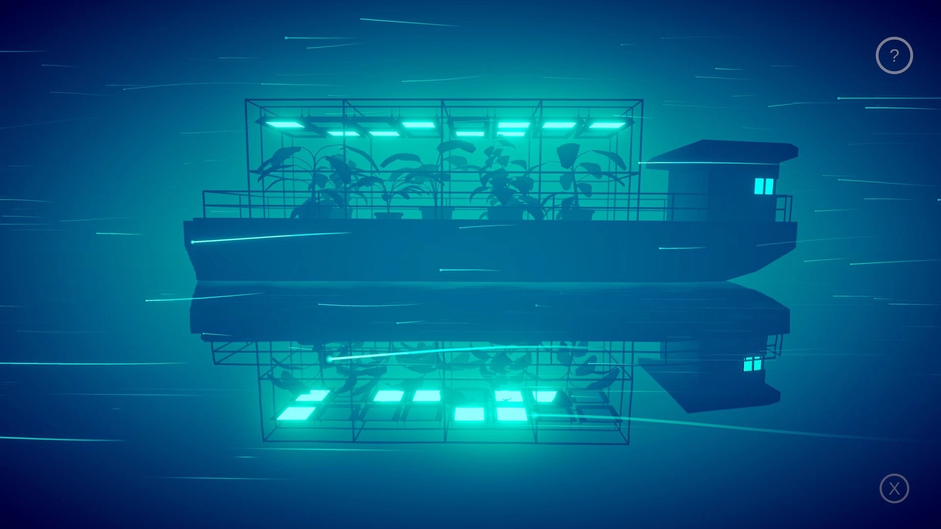 Mirria: Floating greenhouse boat reflecting on water in a surreal, dreamlike blue environment