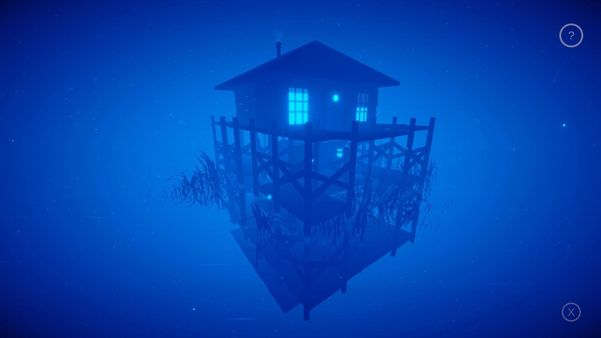 Mirria: Floating house on stilts with glowing windows in a mysterious, foggy blue night environment