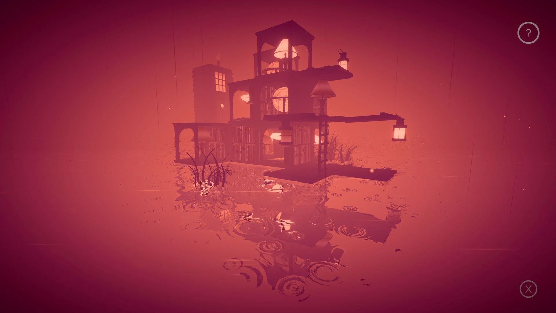 Mirria: Floating multi-level structure with glowing lights reflected in calm water, surreal atmosphere