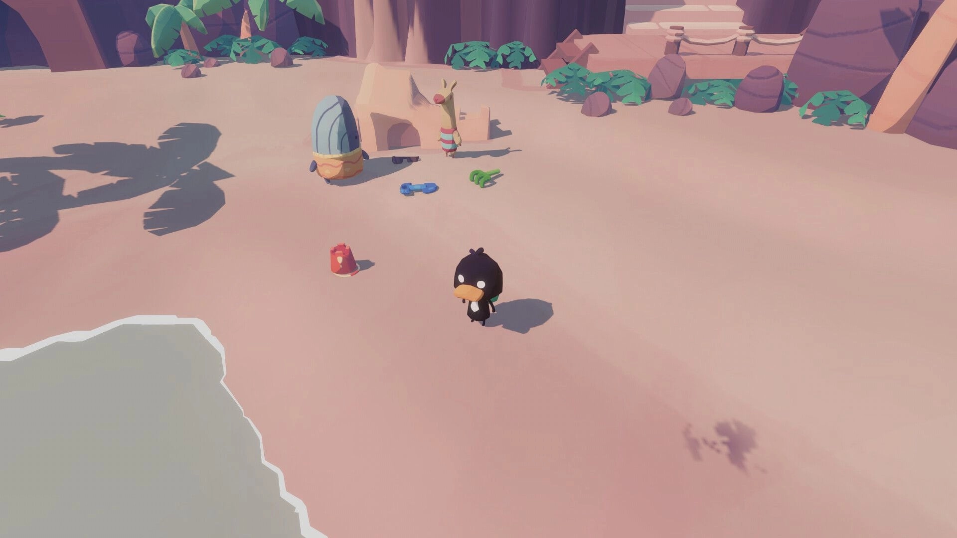 Mirth Island: Dodo exploring a sunny beach with scattered toys and a nearby tent in the background