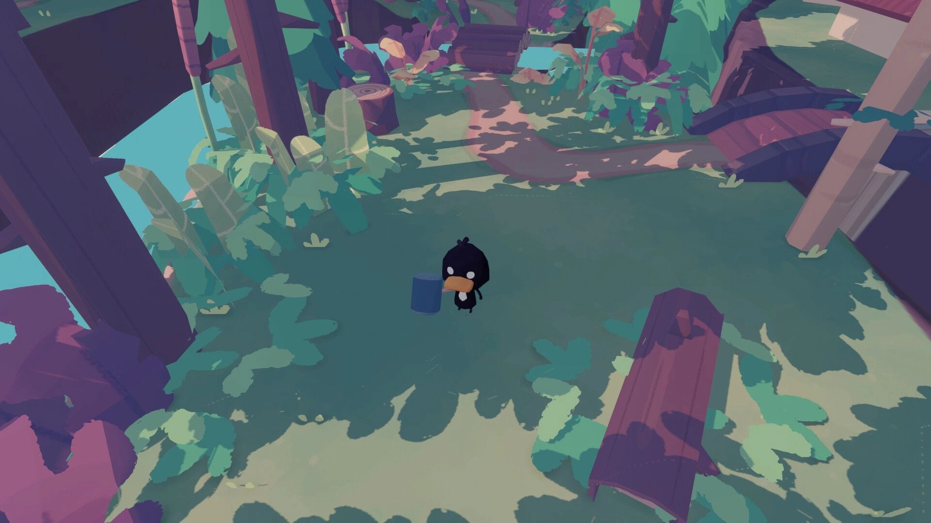 Mirth Island: Dodo exploring lush forest with a can, surrounded by vibrant trees and foliage.