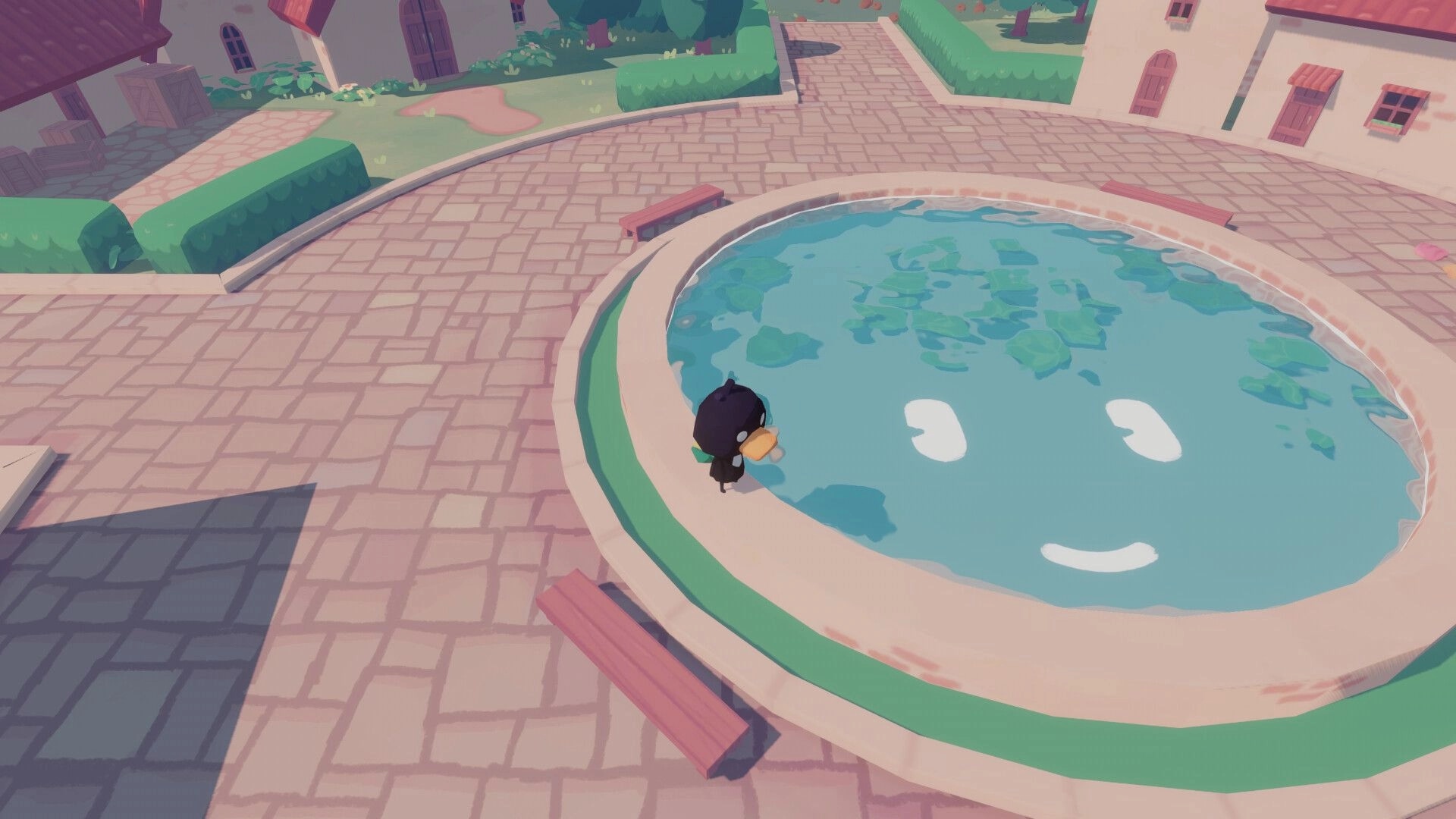 Mirth Island: Dodo gazes into a cheerful face pond in the town square surrounded by cobblestone paths.