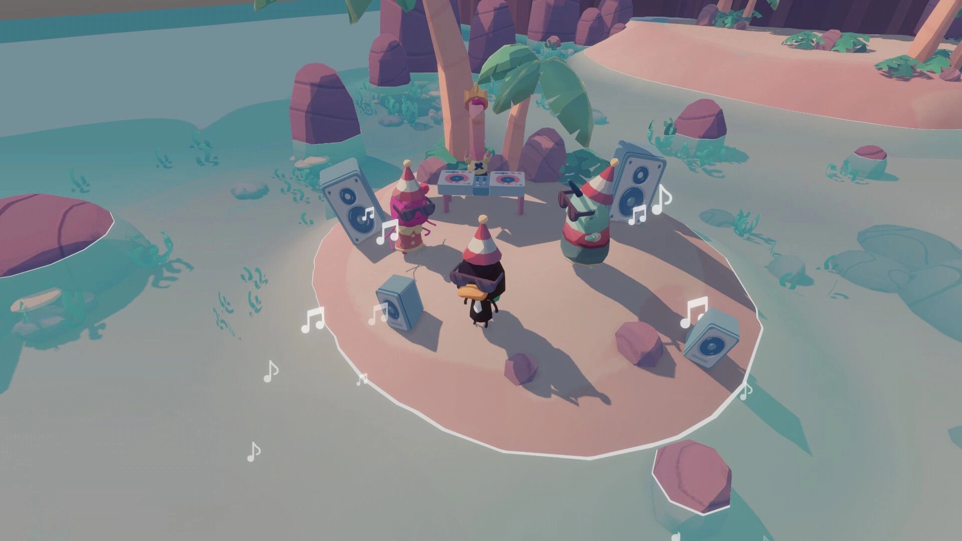 Mirth Island: Dodo dances with party hat-wearing friends near speakers on a sandy island stage