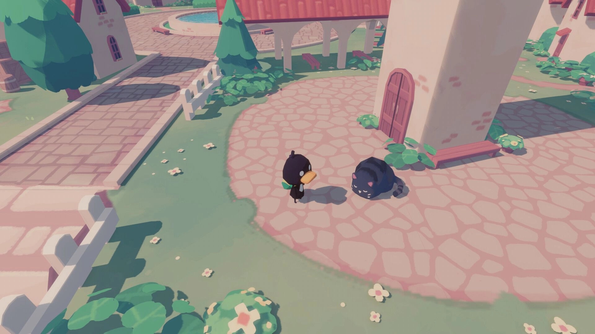 Mirth Island: Dodo encounters a sleeping cat beside a quaint building in the village courtyard.