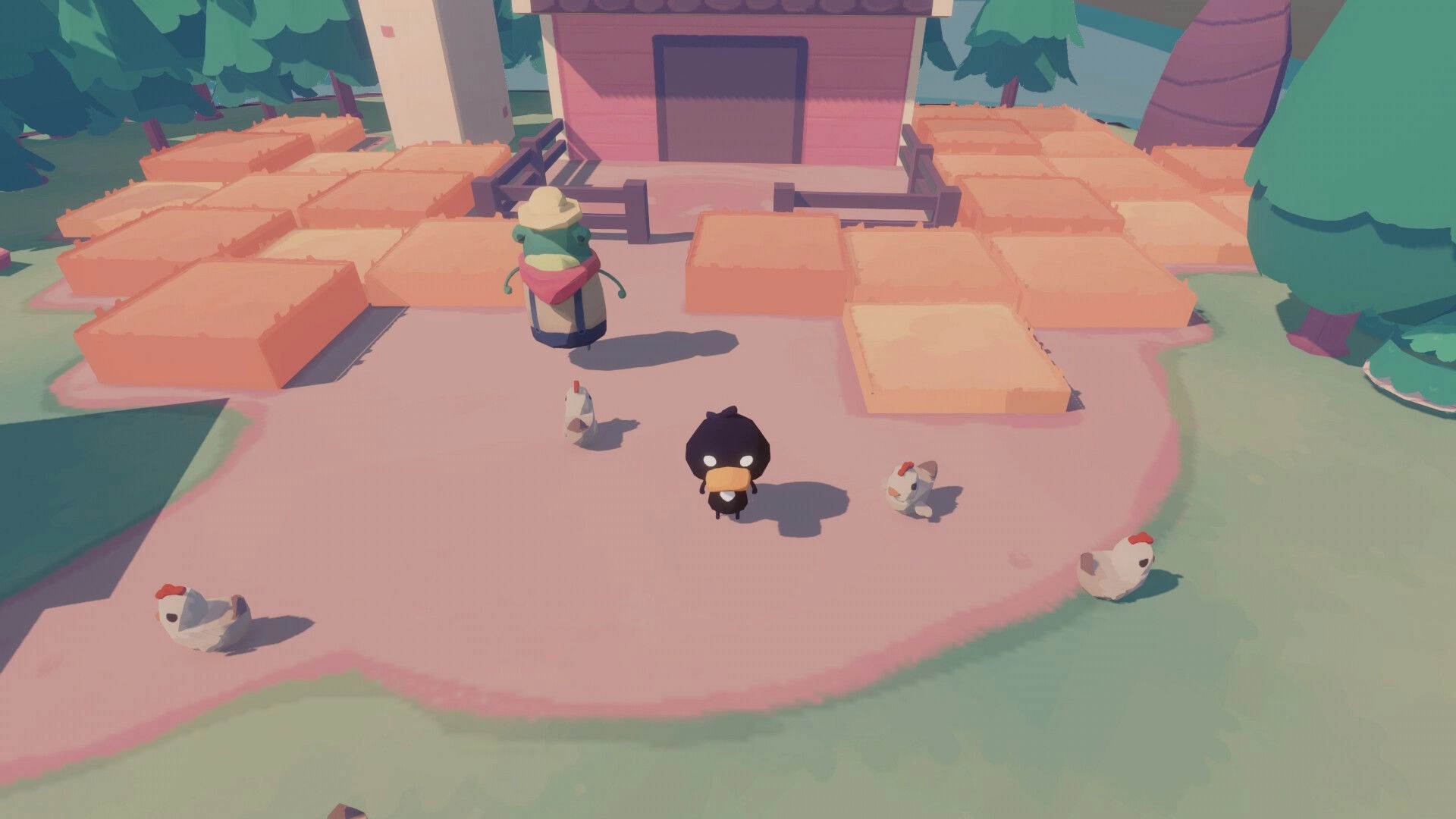Mirth Island: Dodo explores theater courtyard with chickens and a frog character in a sunny village setting.