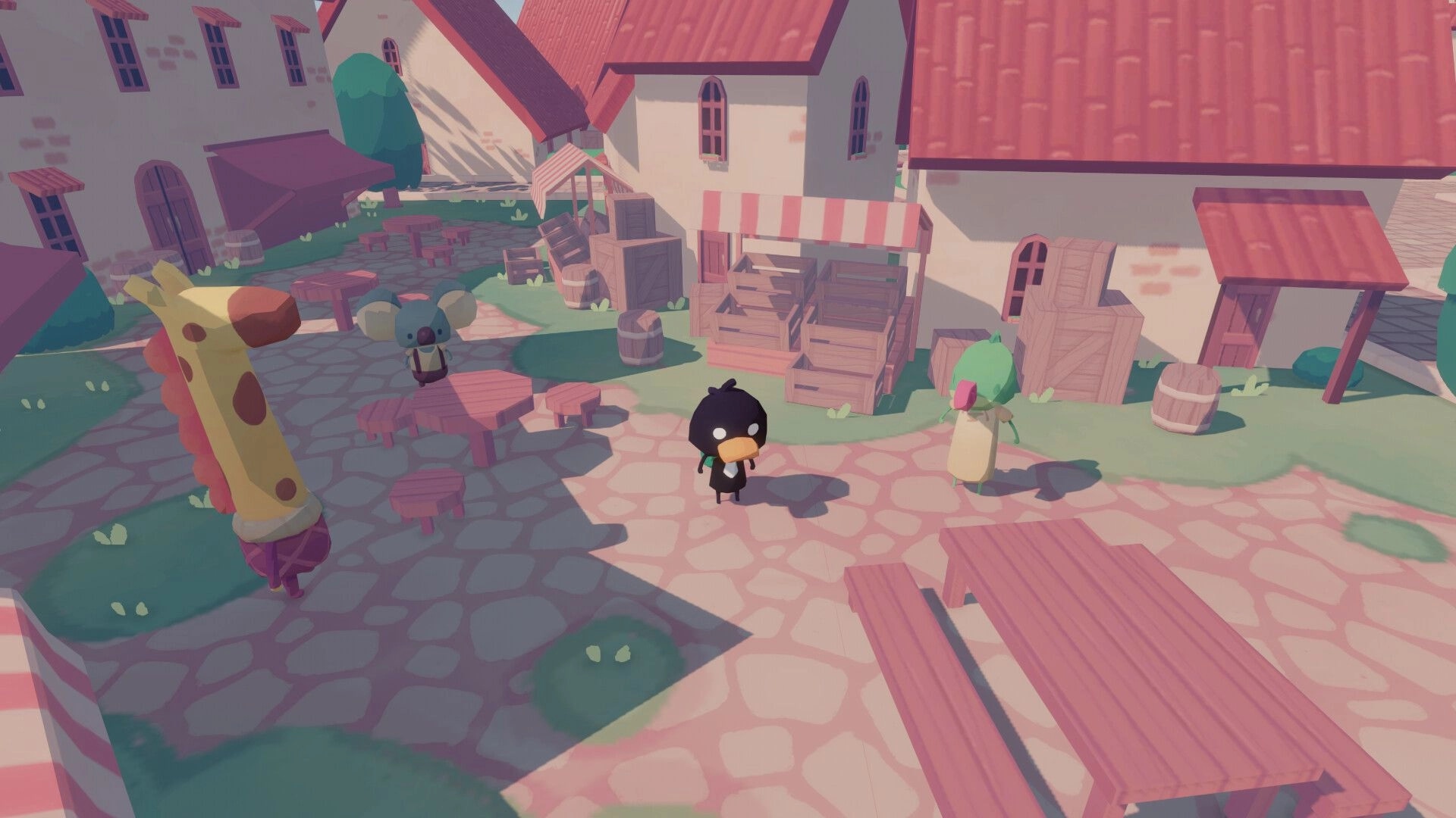 Mirth Island: Dodo explores a quaint village square with colorful buildings and a giraffe statue nearby.