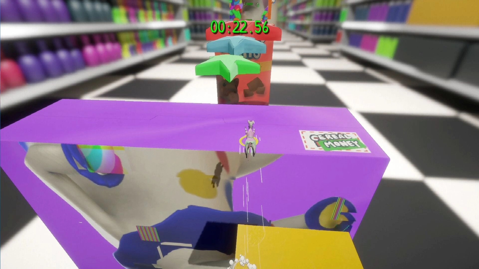 Mischief: Rat character jumping on cereal boxes in a colorful grocery store aisle with timer displayed.