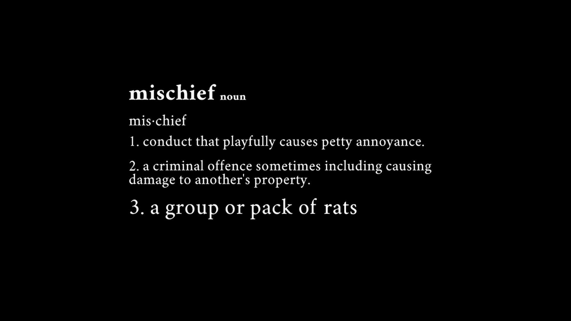 Mischief: Definition screen displaying word "mischief" with three playful and criminal connotations.