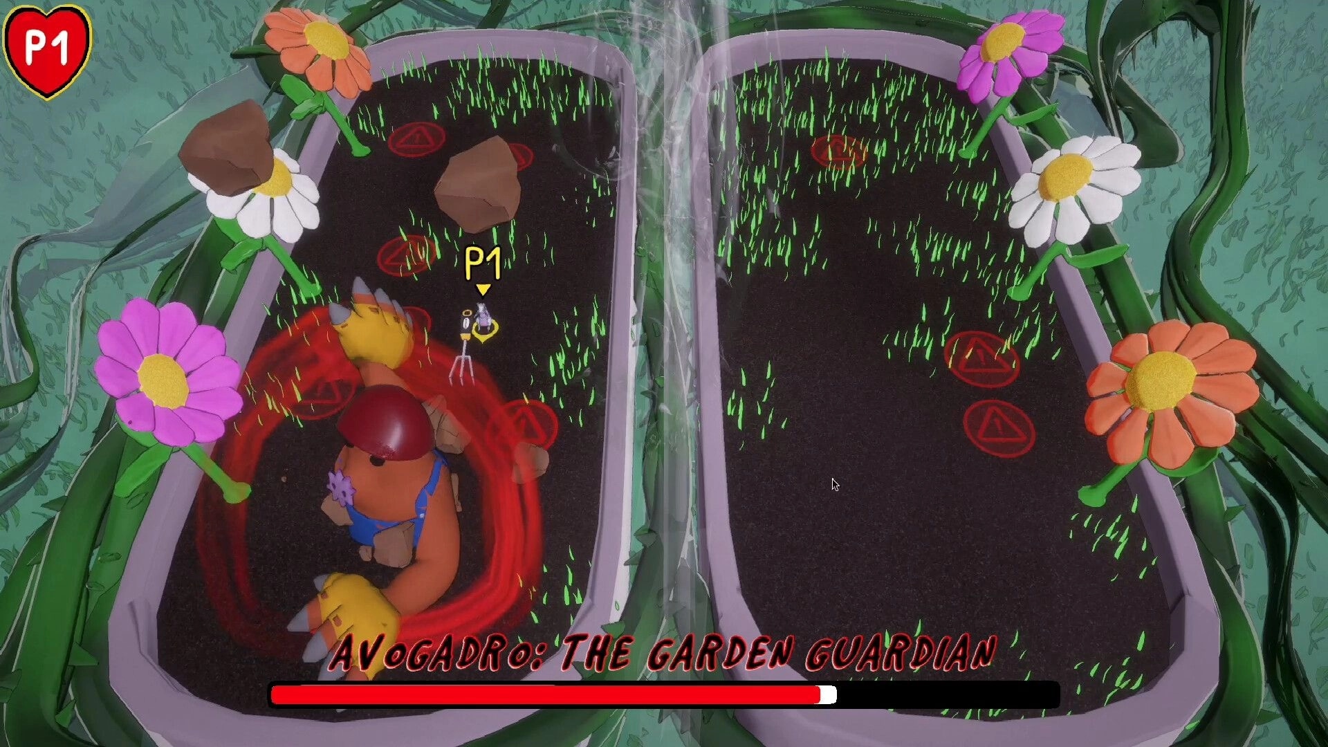 Mischief: Player battles Avogadro in a vibrant garden arena surrounded by colorful flowers and soil.