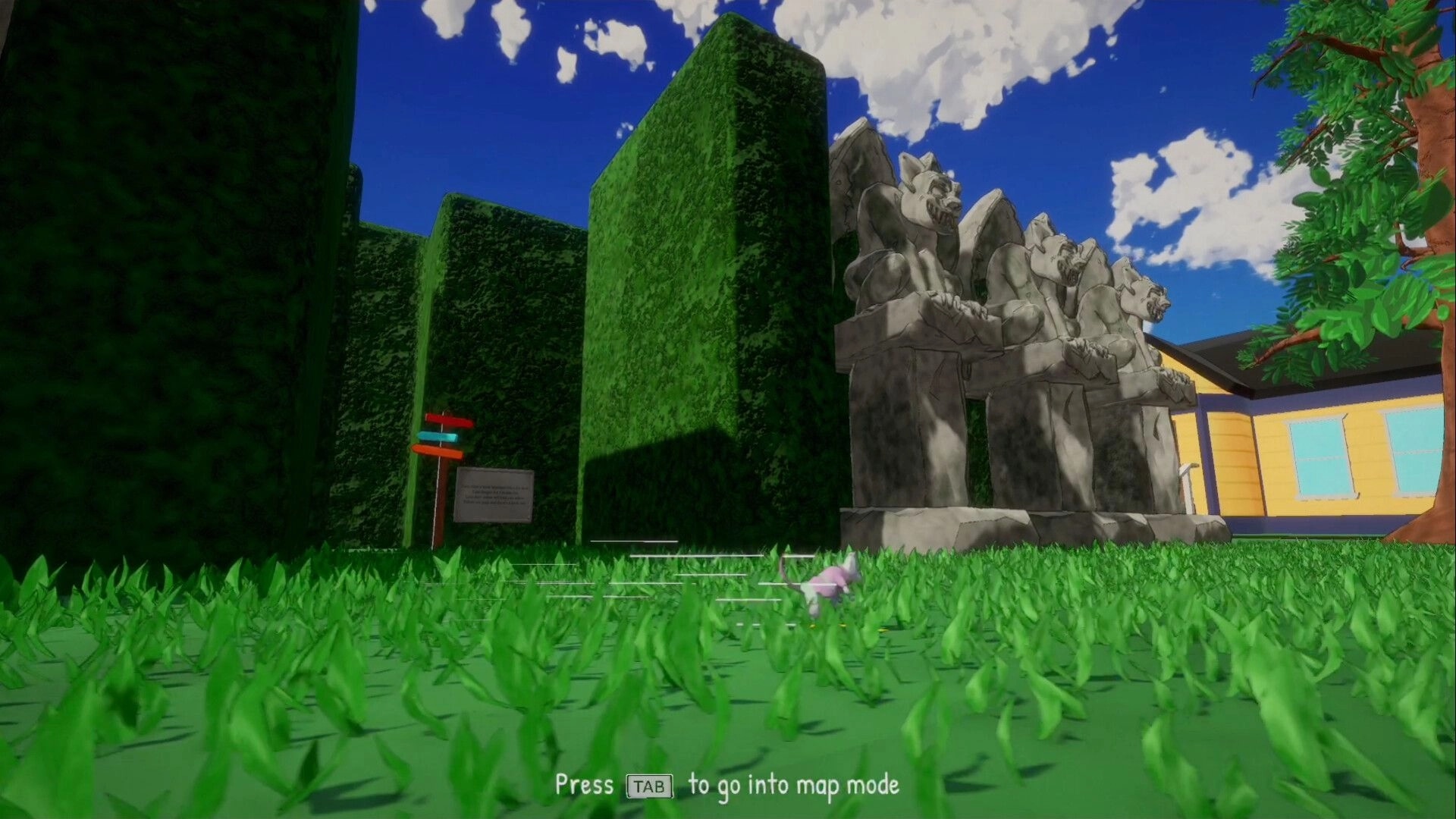 Mischief: Rat exploring grassy garden maze with stone gargoyles and directional signposts visible