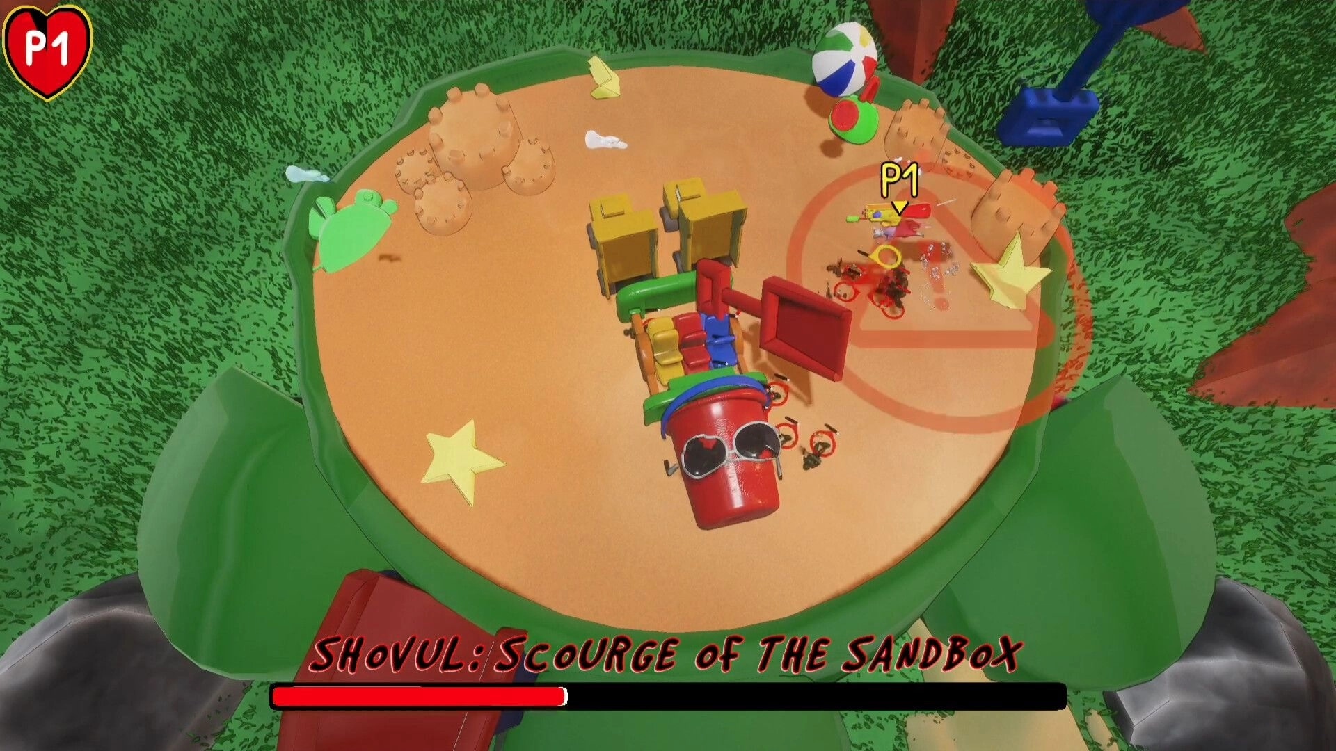 Mischief: Player battles Shovul in a sandbox arena with toy obstacles and health bar displayed