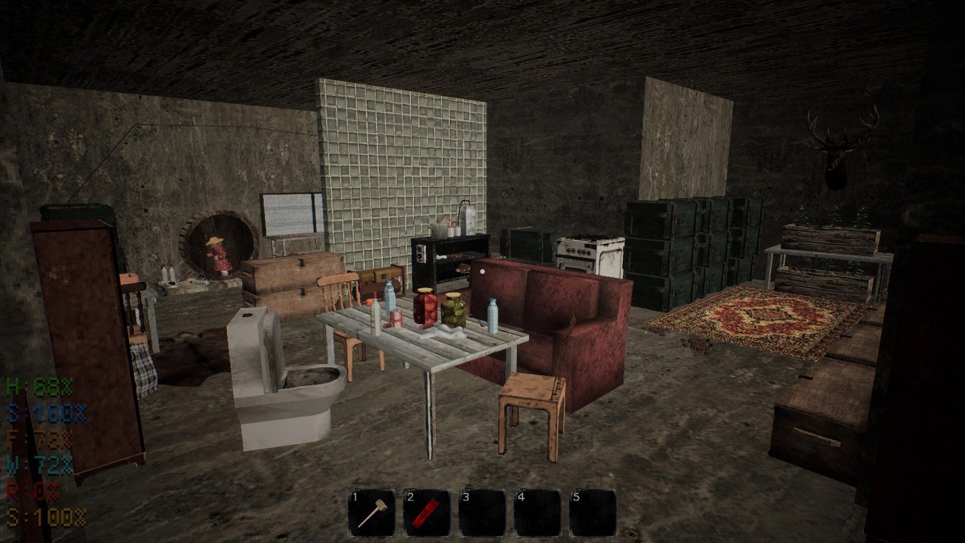 MISERY: Cozy bunker interior with survival supplies, crafting table, and health status indicators