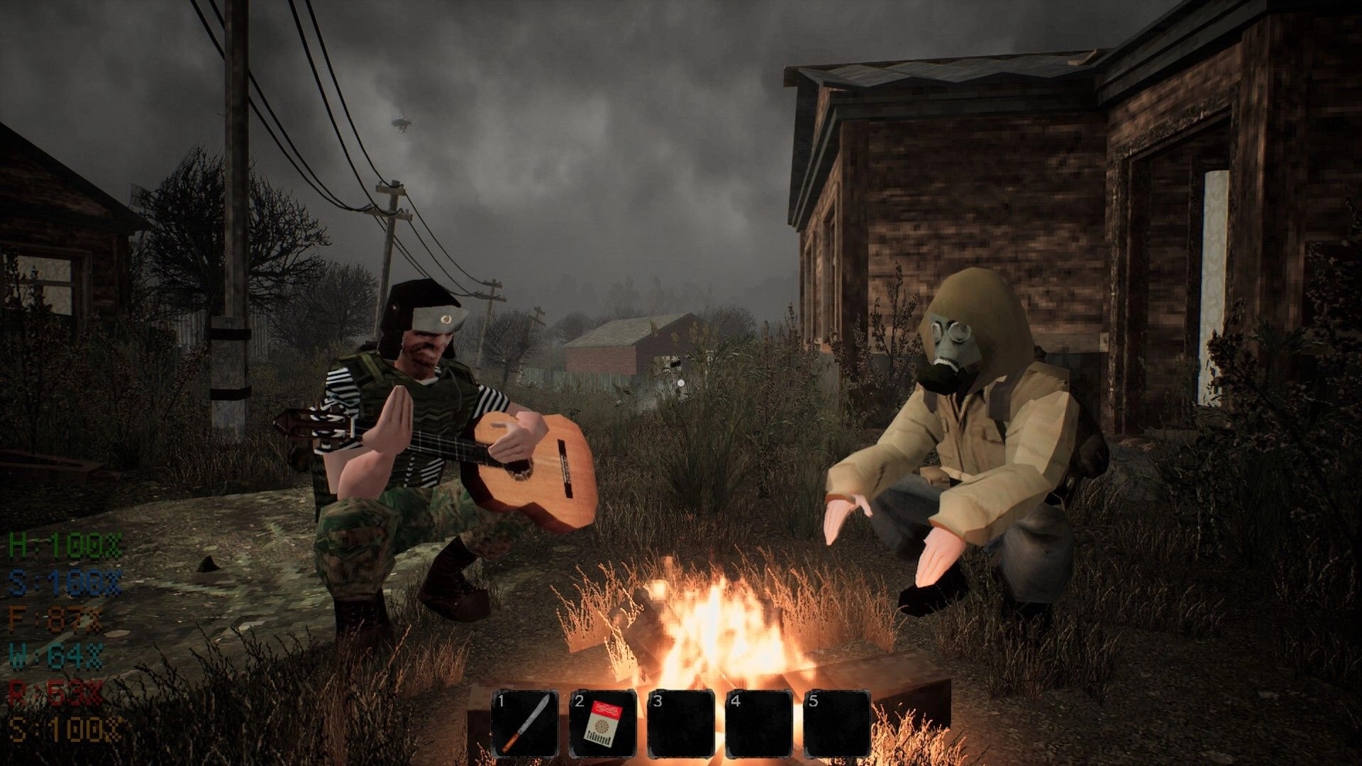 MISERY: Two survivors sit by campfire, one playing guitar, surrounded by desolate structures and gear UI.