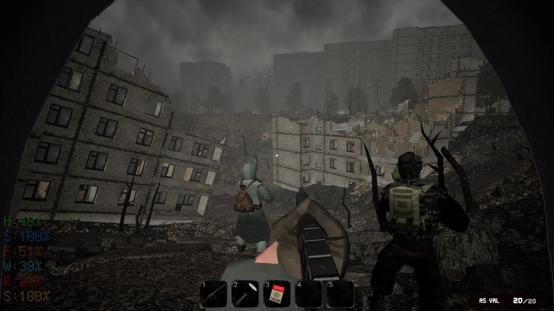 MISERY: Two players explore a desolate cityscape with crumbling buildings under a dark, cloudy sky.
